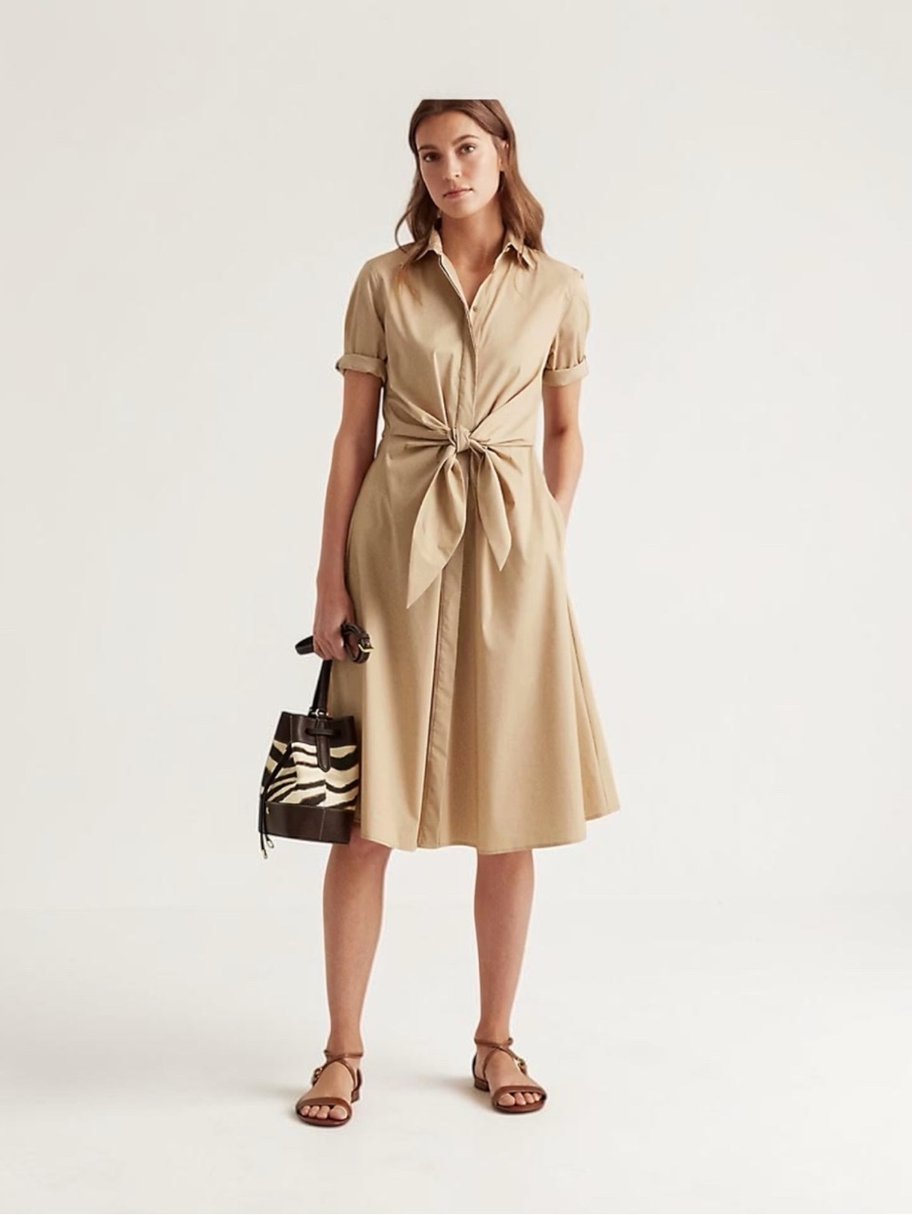 Ralph Lauren Beige Birch Tan Point Collar Shirt-Dress Tie Waist Minimalist 12P